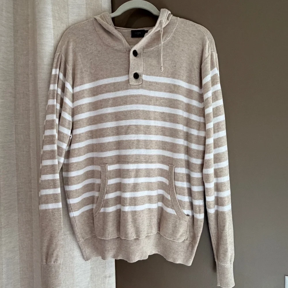 J. Crew Men's Hoodie Tan & Cream Striped Sweater, Size Medium